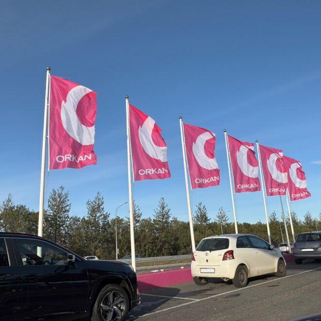 Row of pink flags on poles