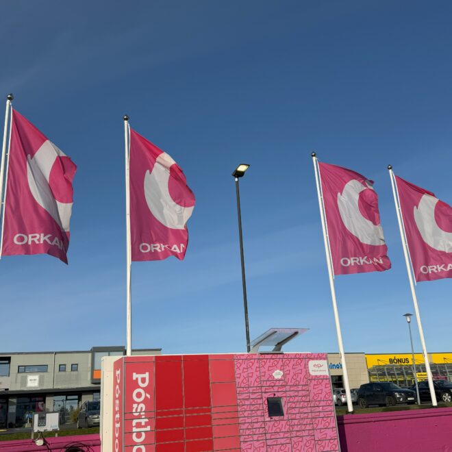 Pink flags with circular logos